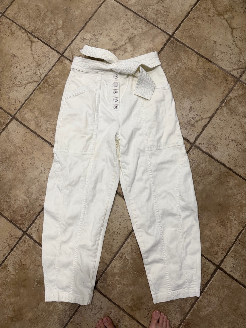 NWOT Ulla Johnson White Denim Tie Waist Button Fly Tapered Pants Size 6 New